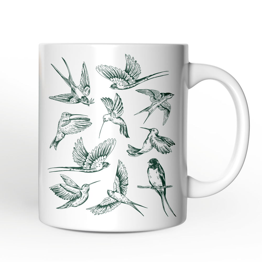 Retro Birds Nature Personalized Mug, Vintage Green Bird Illustration Gift with Custom Name