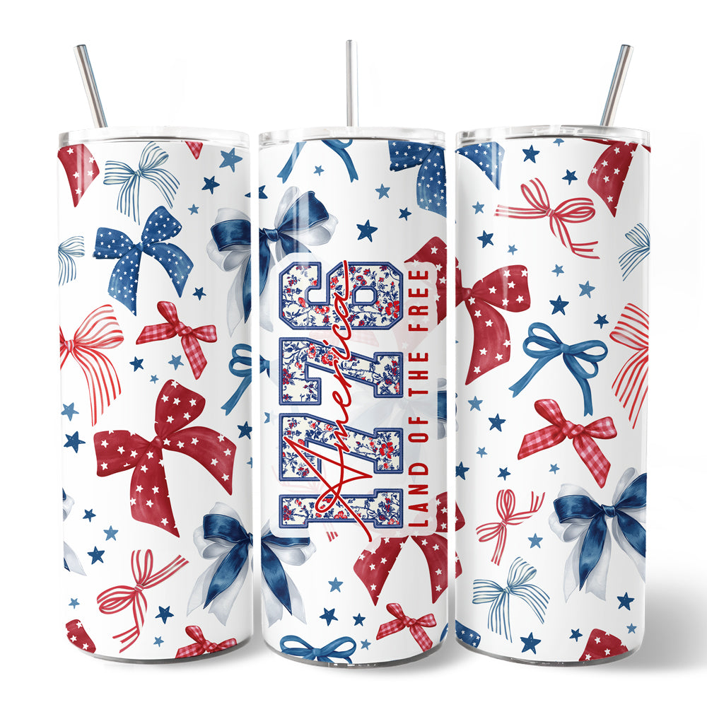 Retro Coquette America 1776 Floral 20oz Personalized Tumbler With Lid and Stainless Steel Straw, Land of the Free Patriotic Gift Cup