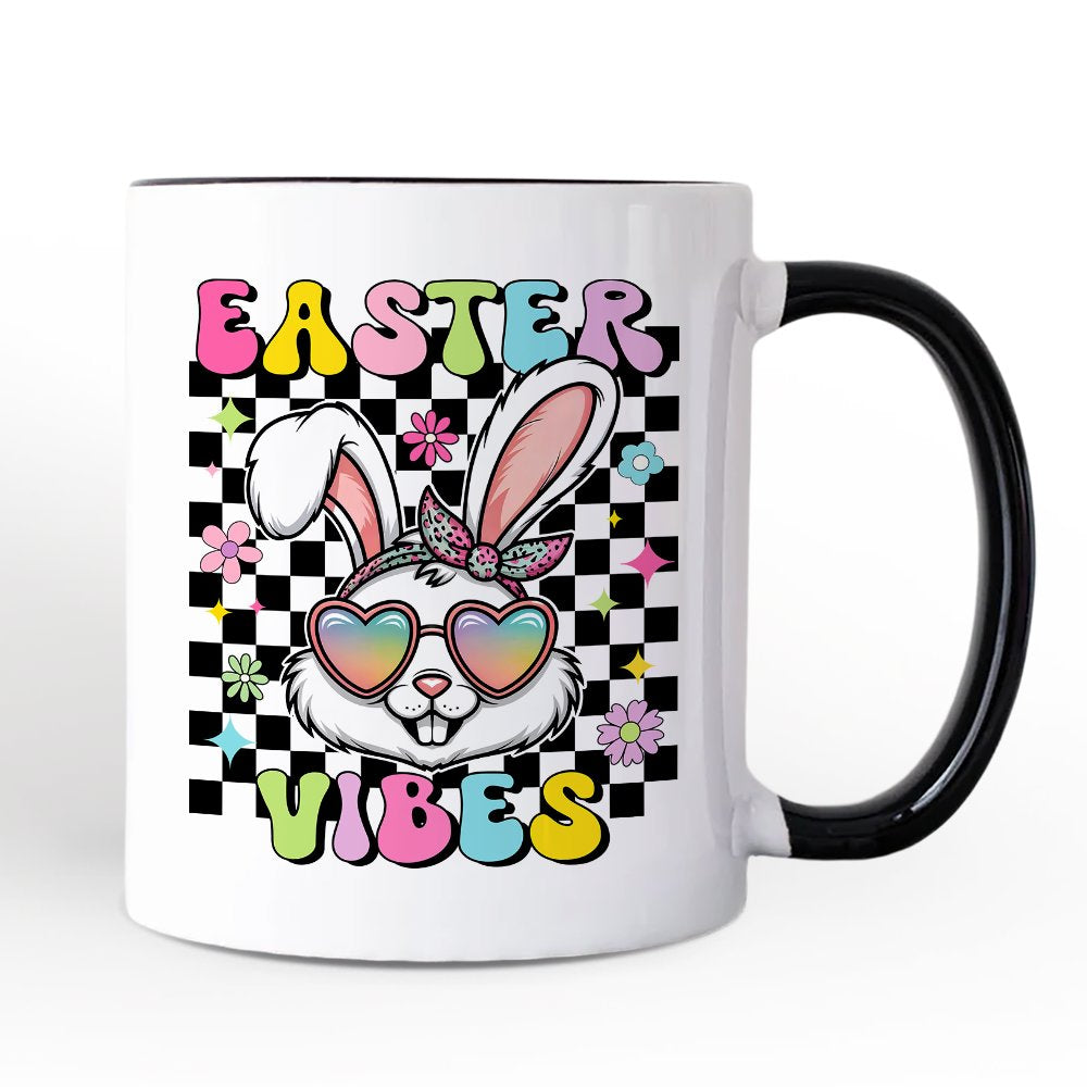 Retro Easter Bunny Sunglasses Personalized Mug, Groovy Checkered Gift with Custom Name Personalized Ceramic Mug OrnamentallyYou Black Handle Non-Custom 