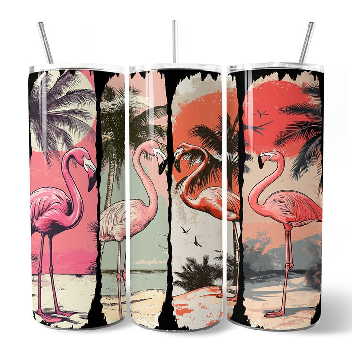 Retro Flamingo Beach 20oz Personalized Tumbler With Lid and Stainless Steel Straw, Summer Vacation Sunset Gift Cup Tumbler OrnamentallyYou 