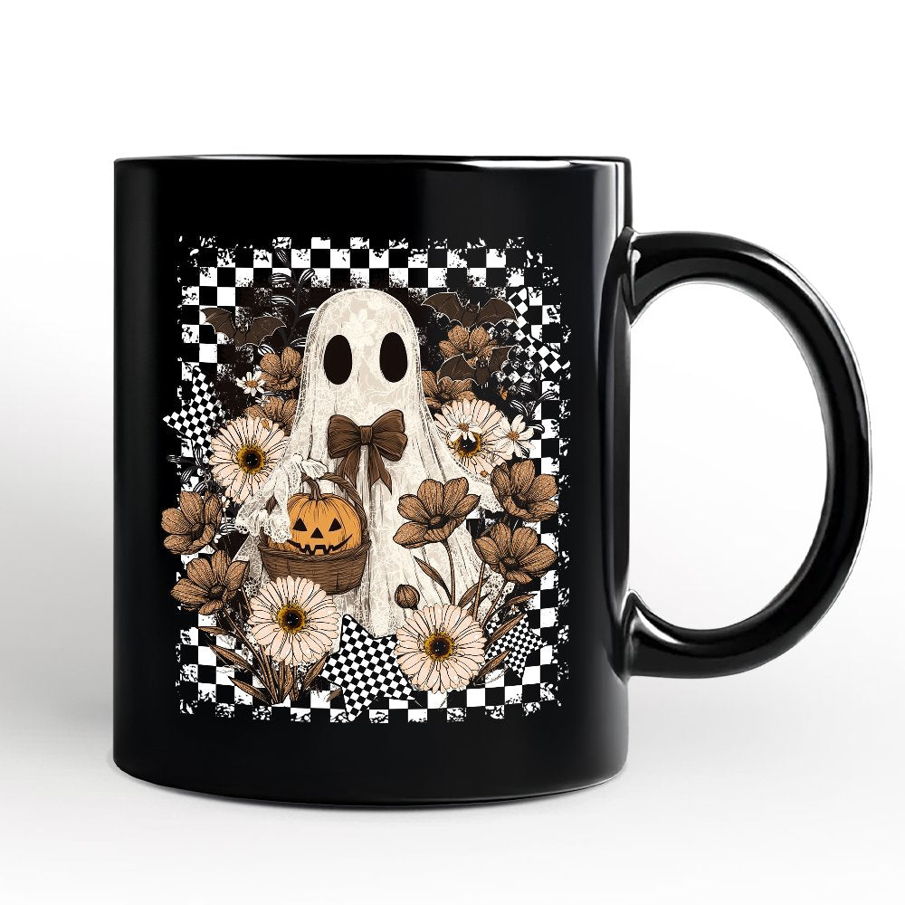 Retro Ghost Floral Halloween Personalized Mug, Spooky Vintage Checkered Gift with Custom Name Personalized Ceramic Mug OrnamentallyYou Black Non-Custom 