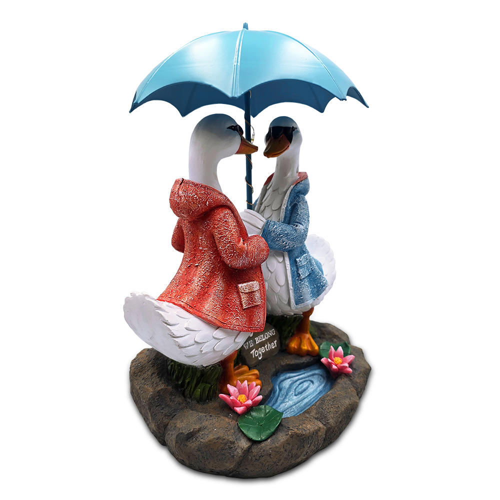 Romantic Swan Couple Under an Umbrella Solar Powered Garden Statue, 10" Lighted Outdoor Bird Figurine Decor