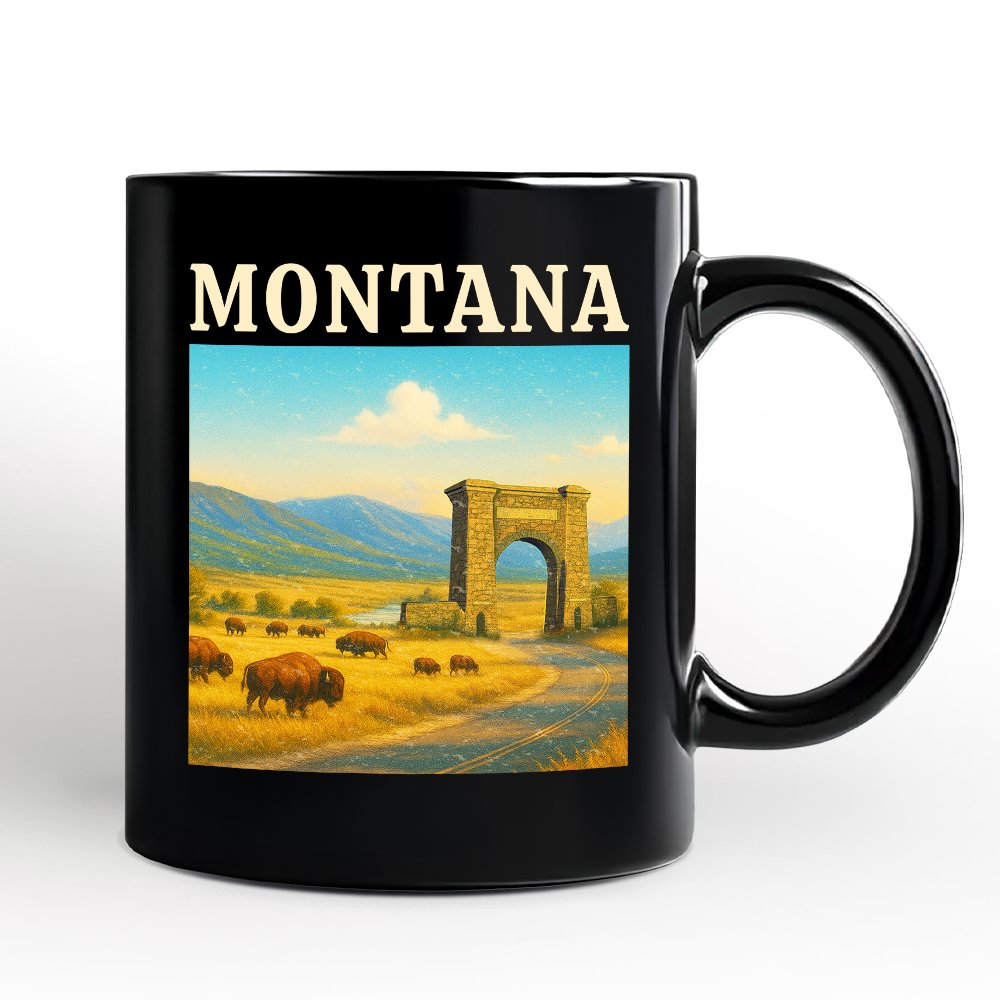 Rustic Montana State Wildlife and Landmark Personalized Mug, Yellowstone Entrance Tee and Western Prairie Souvenir with Custom Name Personalized Ceramic Mug OrnamentallyYou Black Non-Custom 