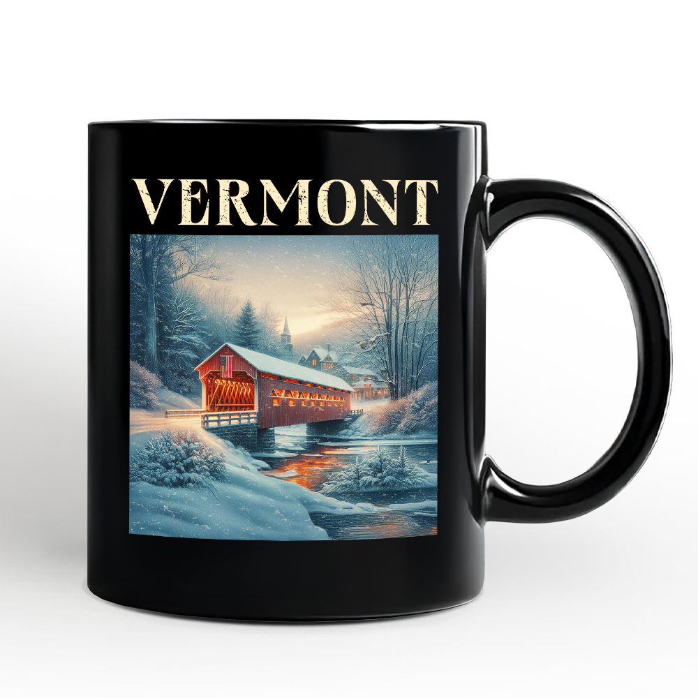 Rustic Red Covered Bridge Vermont State Personalized Mug, New England Historical Gift and Travel Souvenir with Custom Name