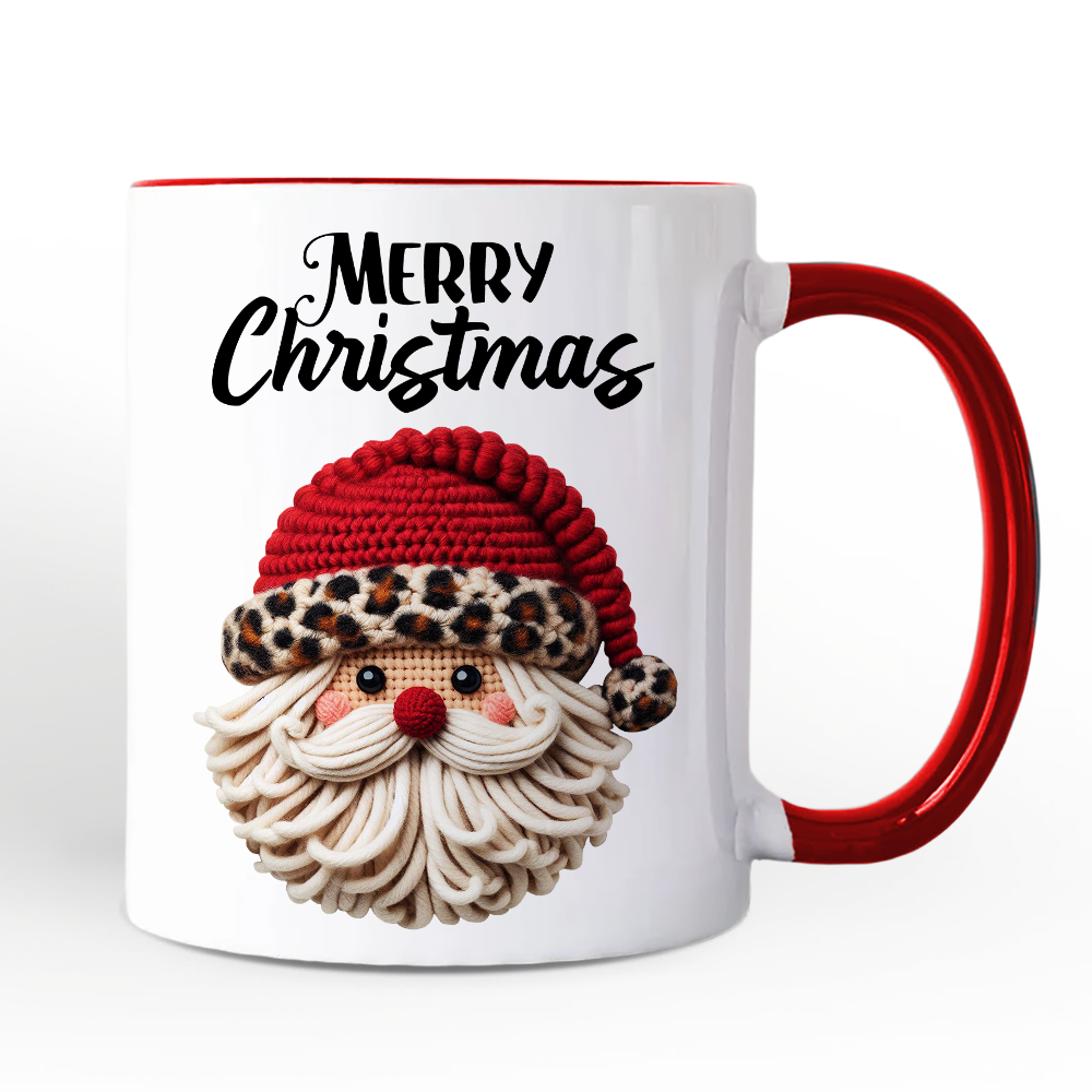 Santa Leopard Hat Christmas Personalized Mug, Imitation Latch Hook Yarn Cozy Gift with Custom Name