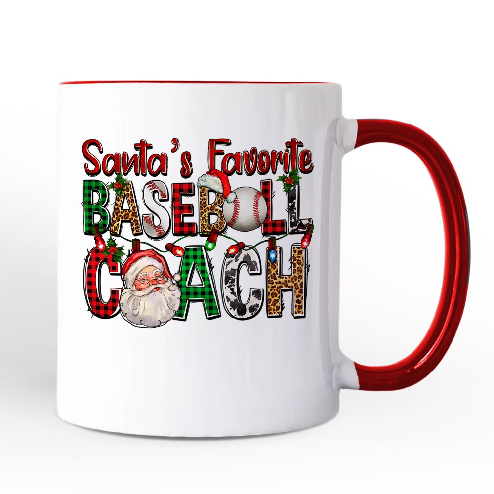 Santa’s Favorite Baseball Coach Personalized Mug, Plaid Christmas Athelete Gift with Custom Name Personalized Ceramic Mug OrnamentallyYou White - Red Non-Custom 