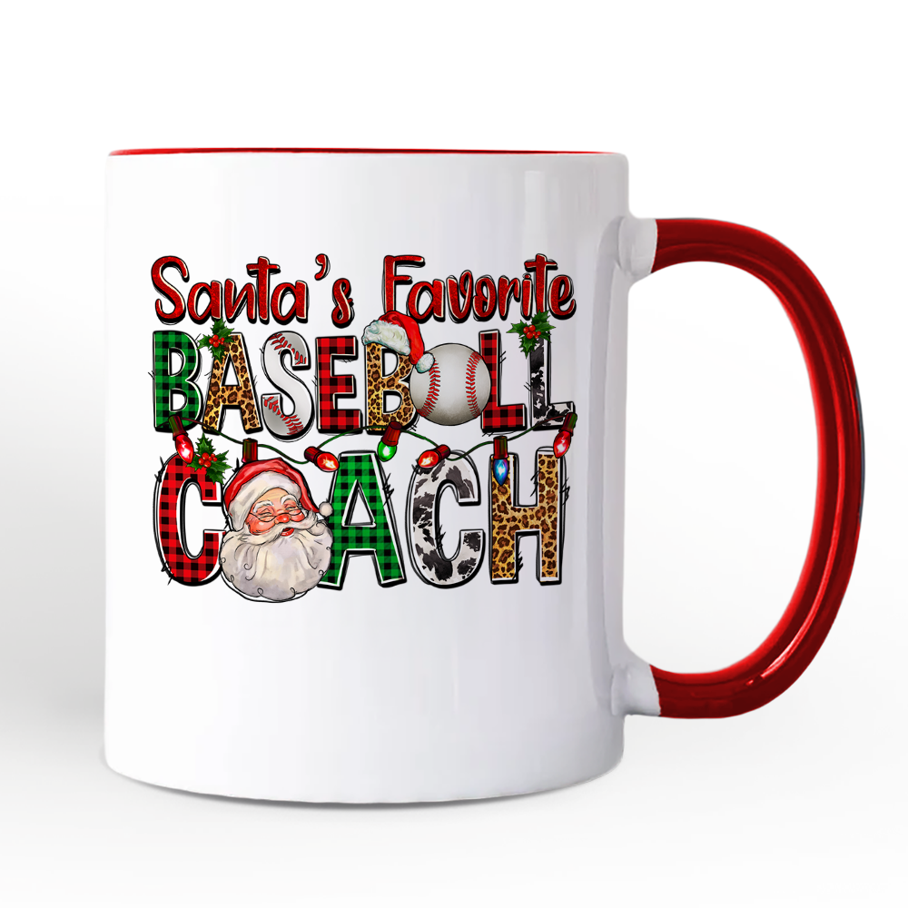 Santa’s Favorite Baseball Coach Personalized Mug, Plaid Christmas Athelete Gift with Custom Name