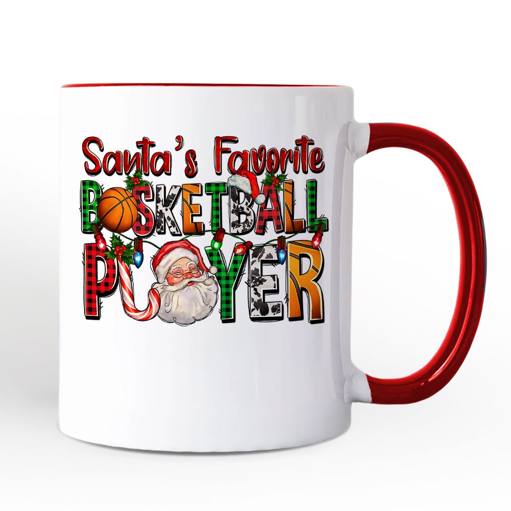 Santa’s Favorite Basketball Player Personalized Mug, Plaid Christmas Athelete Gift with Custom Name Personalized Ceramic Mug OrnamentallyYou White -Red Non-Custom 