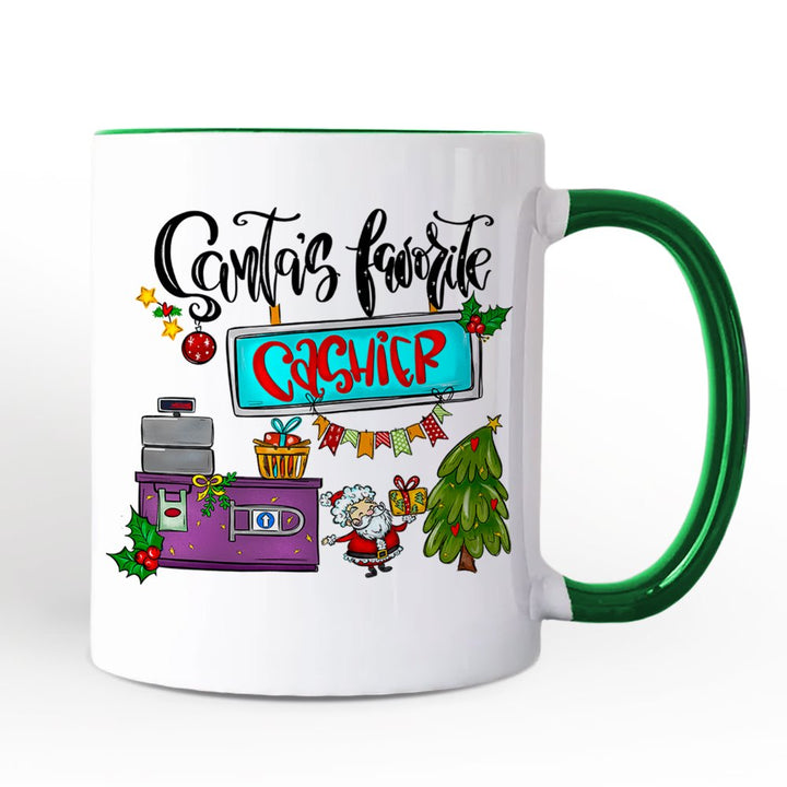 Santa's Favorite Cashier Personalized Mug, Christmas Appreciation Gift with Custom Name Personalized Ceramic Mug OrnamentallyYou Green Handle Non-Custom 