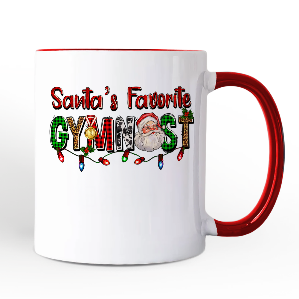 Santa’s Favorite Gymnast Personalized Mug, Plaid Christmas Athelete Gift with Custom Name