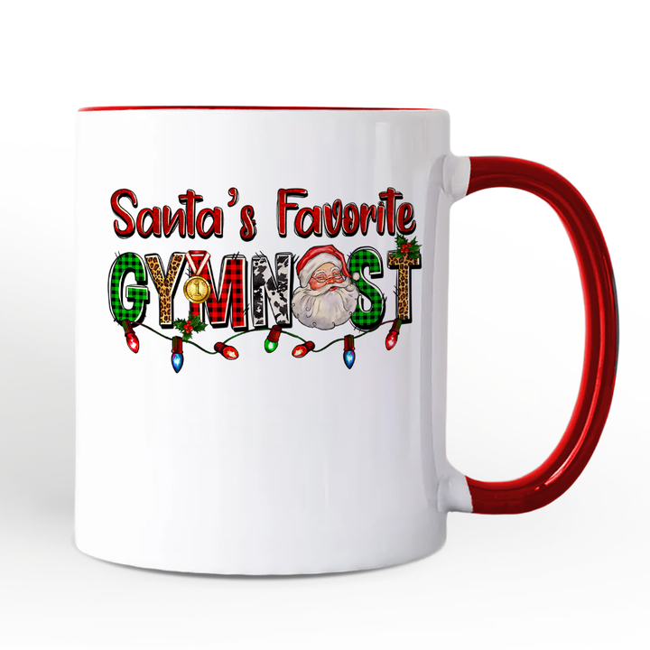 Santa’s Favorite Gymnast Personalized Mug, Plaid Christmas Athelete Gift with Custom Name