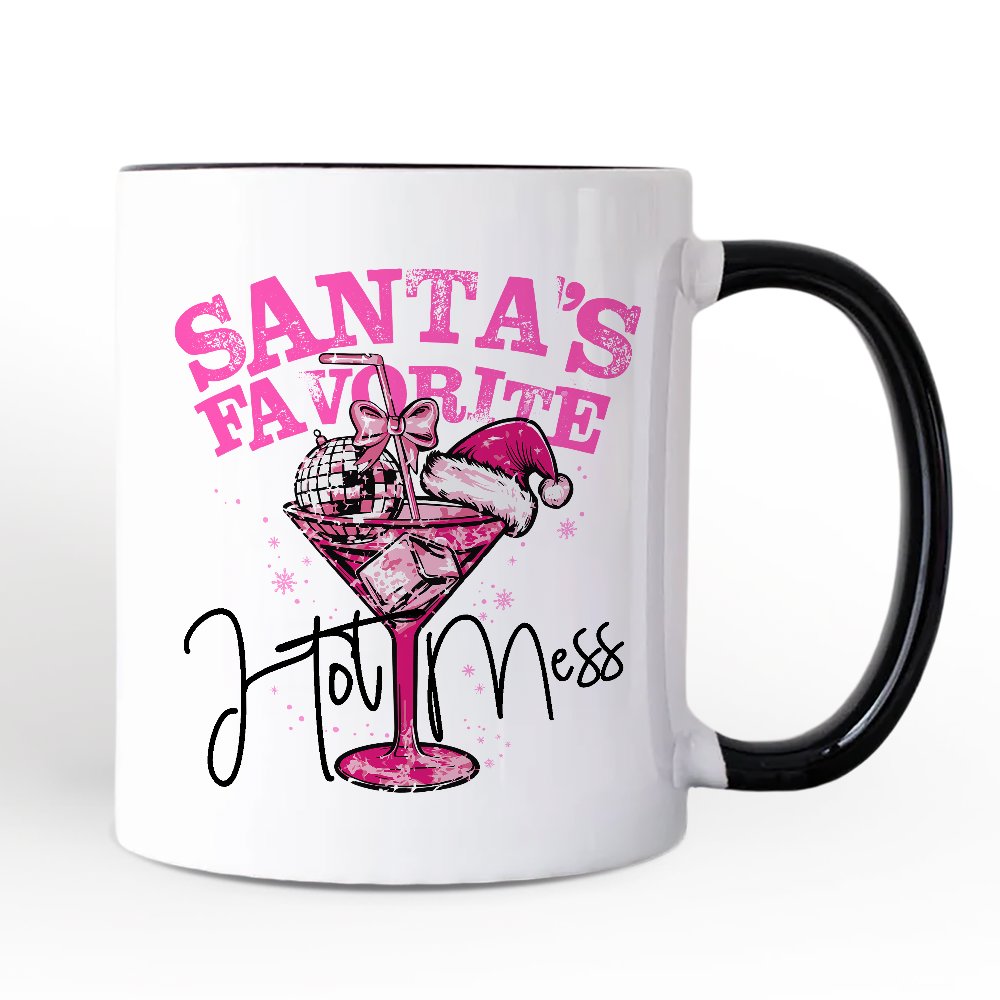 Santa’s Favorite Hot Mess Personalized Mug, Pink Martini Retro Disco Christmas Gift with Custom Name Personalized Ceramic Mug OrnamentallyYou White - Black Non-Custom 