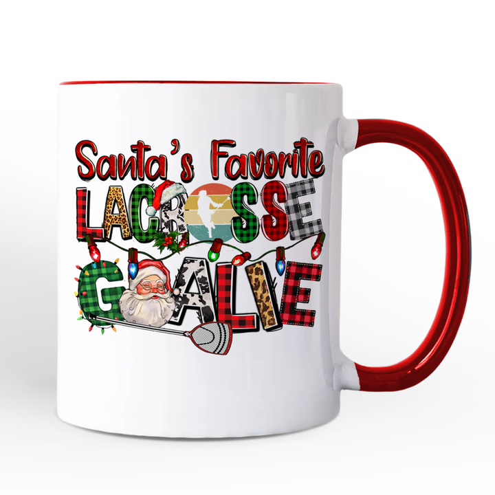 Santa’s Favorite Lacrosse Goalie Personalized Mug, Plaid Christmas Athelete Gift with Custom Name