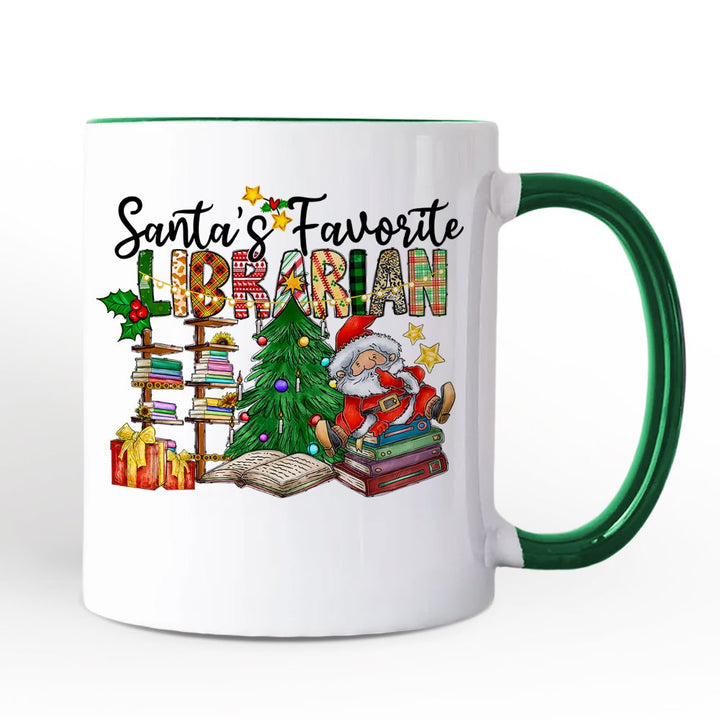 Santa’s Favorite Librarian Christmas Personalized Mug, Fun Library Gift with Custom Name Personalized Ceramic Mug OrnamentallyYou White - Green Non-Custom 