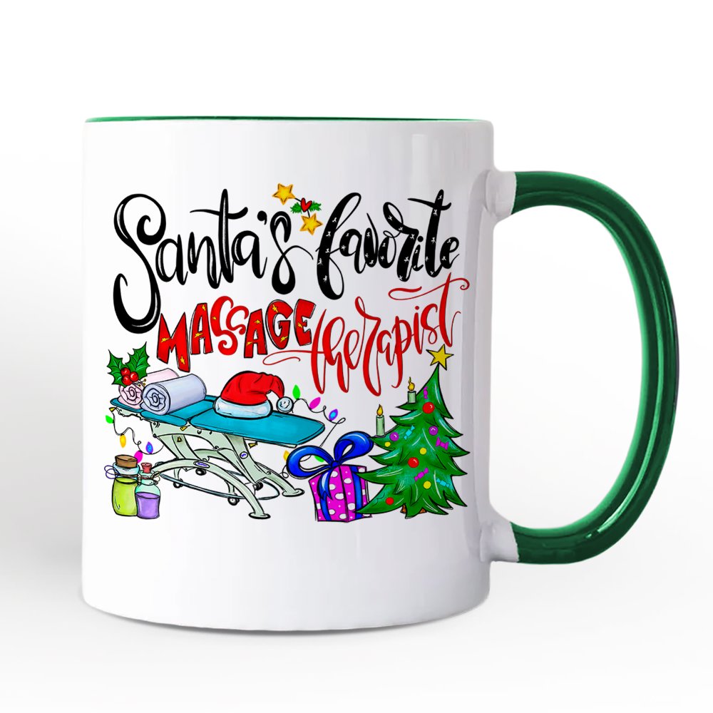 Santa’s Favorite Massage Therapist Personalized Mug, Spa Appreciation Christmas Gift with Custom Name Personalized Ceramic Mug OrnamentallyYou White - Green Non-Custom 