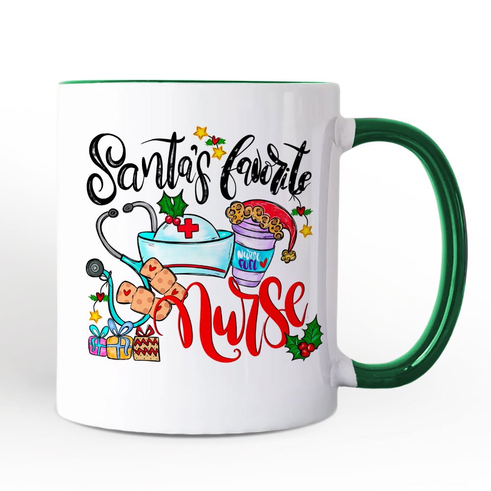 Santa’s Favorite Nurse Christmas Personalized Mug, Healthcare Appreciation Gift with Custom Name Personalized Ceramic Mug OrnamentallyYou White - Green Non-Custom 