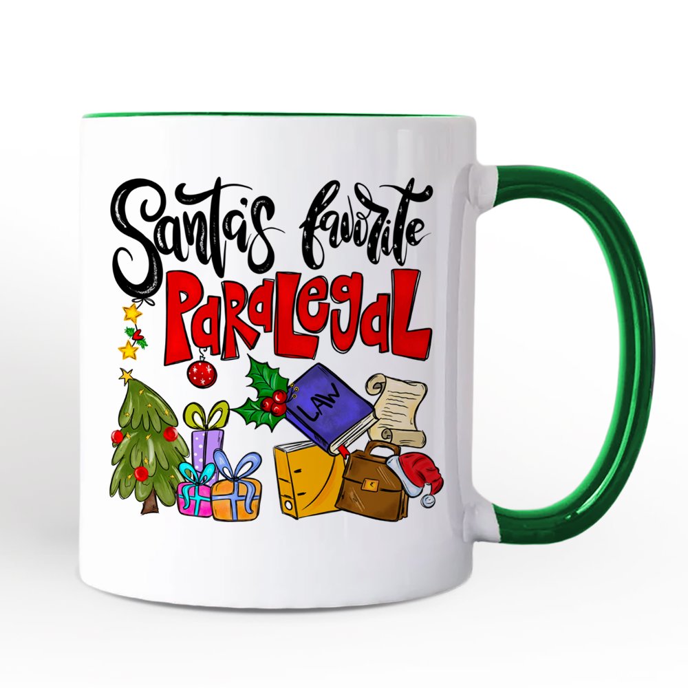 Santa's Favorite Paralegal Personalized Mug, Legal Support Appreciation Christmas Gift with Custom Name Personalized Ceramic Mug OrnamentallyYou Green Handle Non-Custom 