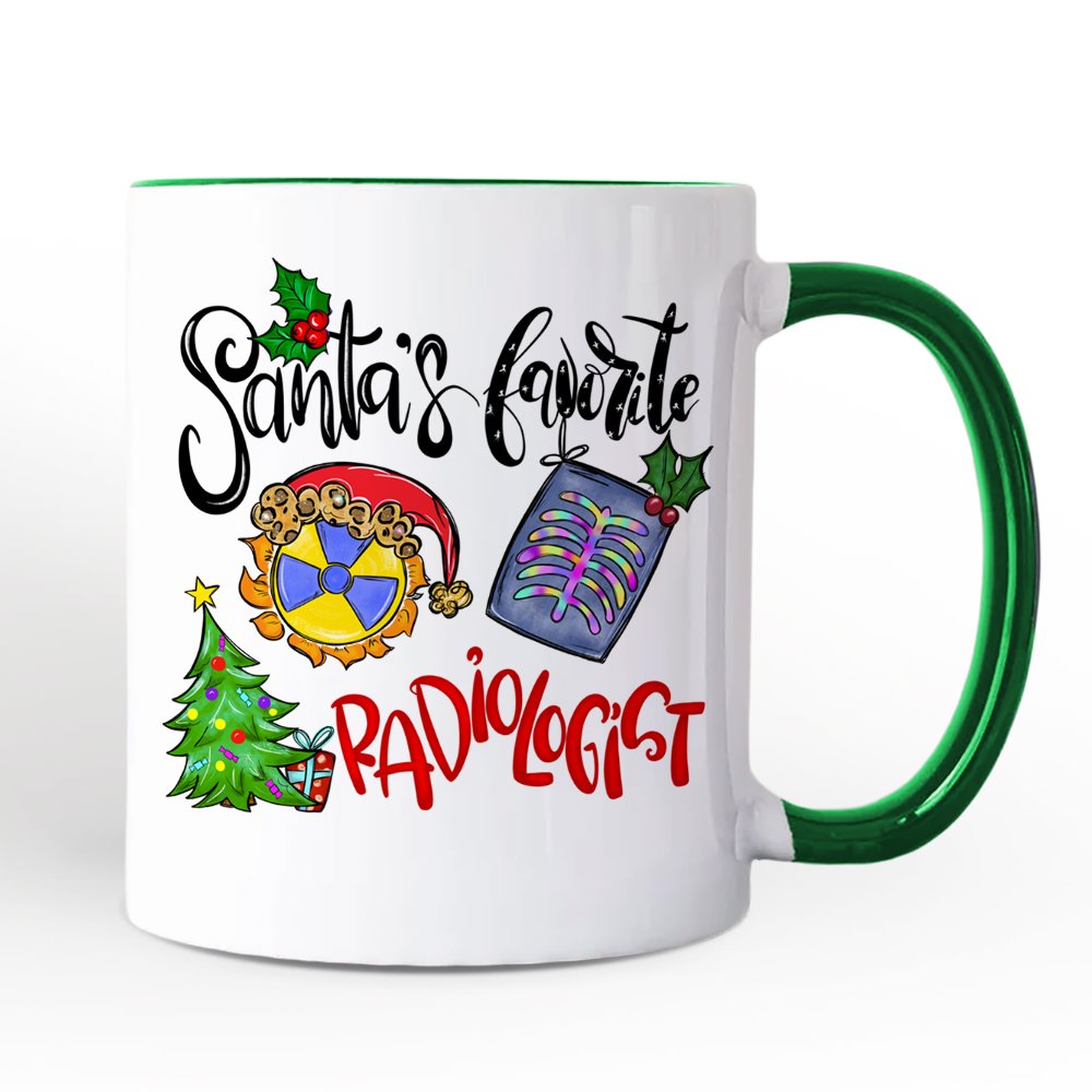 Santa's Favorite Radiologist Personalized Mug, X-Ray Radiology Gift with Custom Name Personalized Ceramic Mug OrnamentallyYou Green Handle Non-Custom 