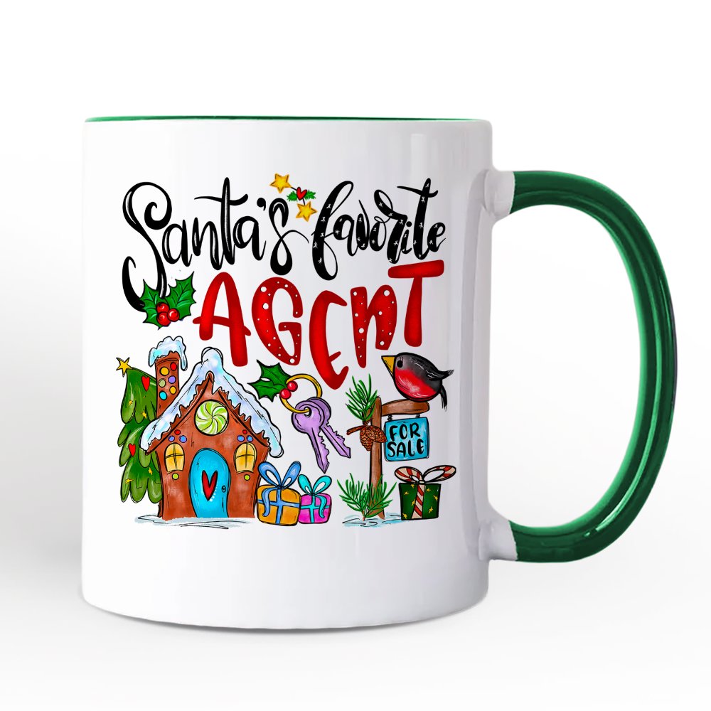 Santa’s Favorite Real Estate Agent Personalized Mug, Appreciation Gift for Realtor and Sales Closing with Custom Name Personalized Ceramic Mug OrnamentallyYou White - Green Non-Custom 