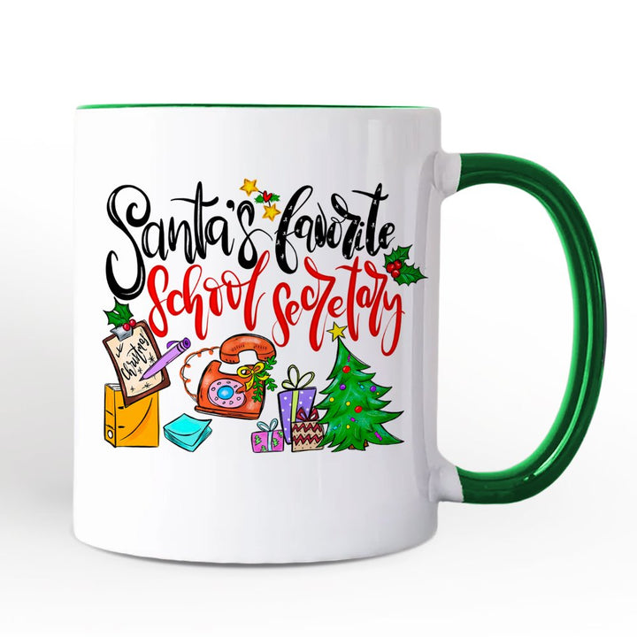 Santa's Favorite School Secretary Personalized Mug, Christmas Appreciation Gift with Custom Name Personalized Ceramic Mug OrnamentallyYou Green Handle Non-Custom 