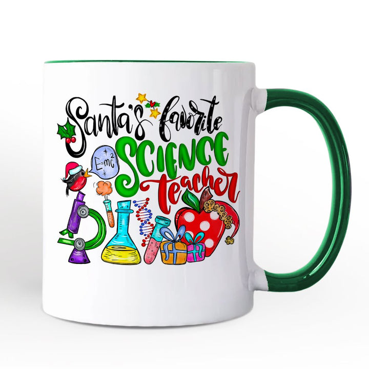 Santa’s Favorite Science Teacher Christmas Personalized Mug, Chemistry, Physics and Biology Gift with Custom Name Personalized Ceramic Mug OrnamentallyYou White - Green Non-Custom 