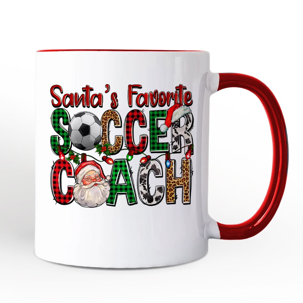 Santa’s Favorite Soccer Coach Personalized Mug, Plaid Christmas Football Gift with Custom Name Personalized Ceramic Mug OrnamentallyYou White - Red Non-Custom 