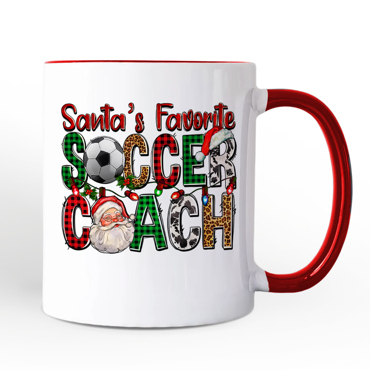 Santa’s Favorite Soccer Coach Personalized Mug, Plaid Christmas Football Gift with Custom Name