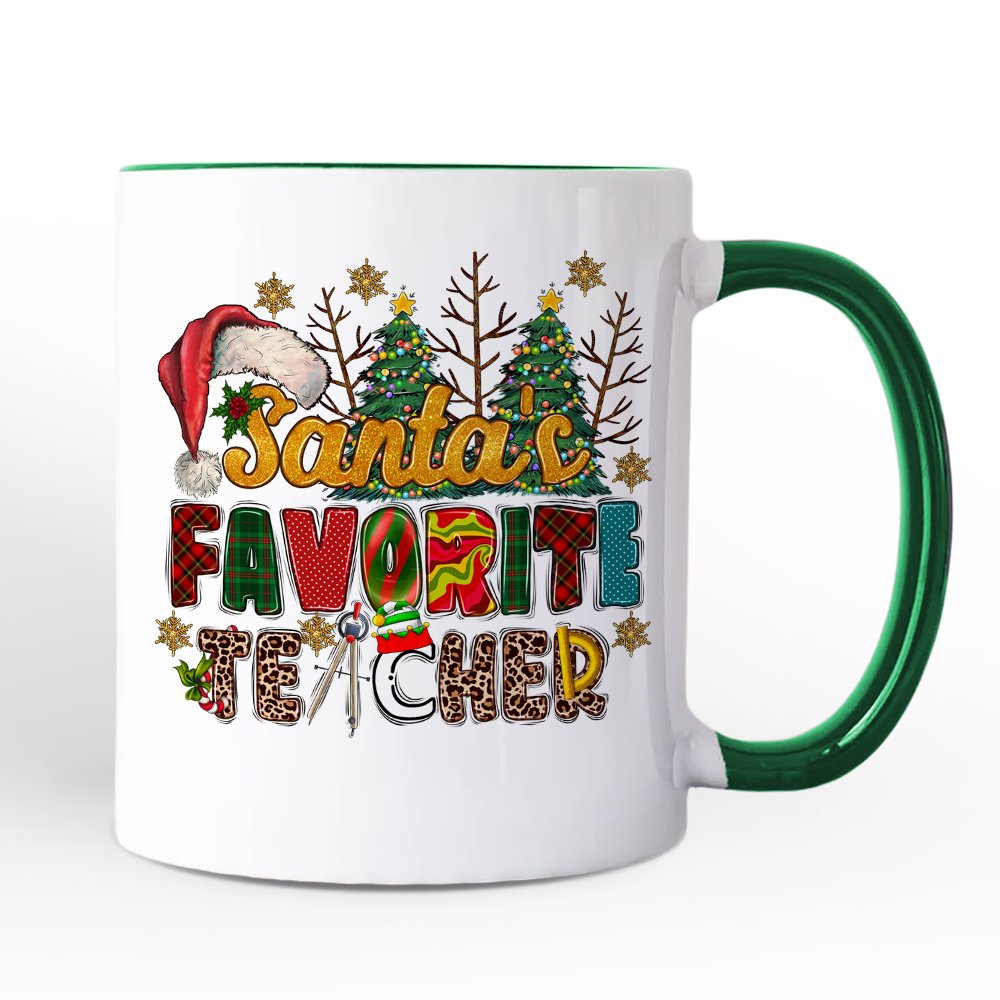 Santa’s Favorite Teacher Personalized Mug, Christmas Gift with Custom Name Personalized Ceramic Mug OrnamentallyYou White - Green Non-Custom 