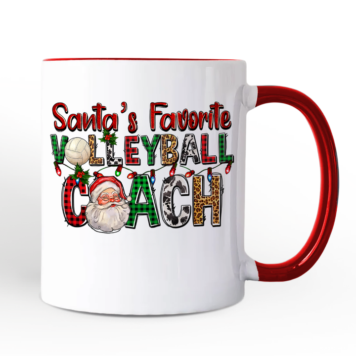 Santa’s Favorite Volleyball Coach Personalized Mug, Plaid Christmas Sports Gift with Custom Name