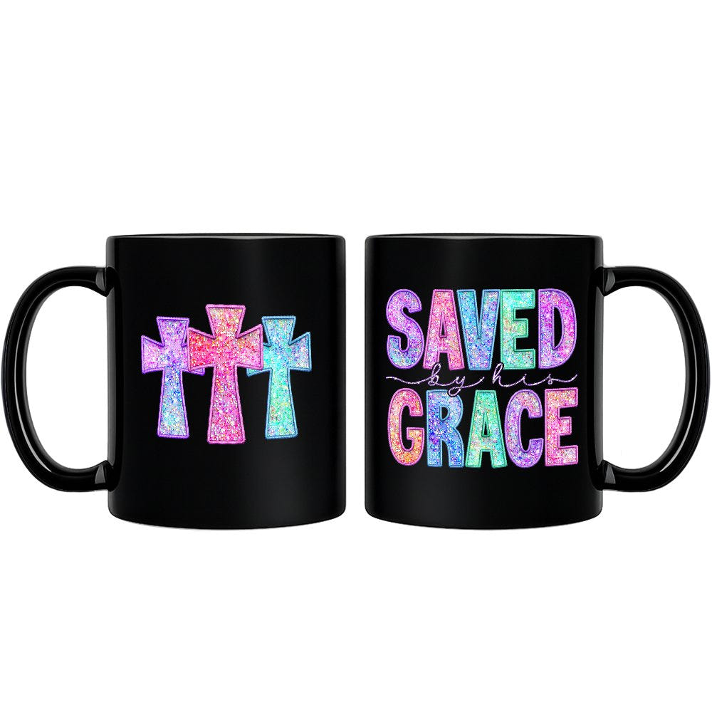 Saved By His Grace Printed Faux Sequin Christian Mug, Religious Love Gift Personalized Ceramic Mug OrnamentallyYou 
