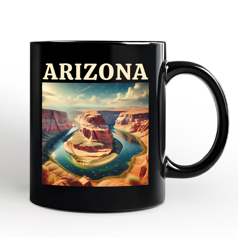 Scenic Arizona State Desert Canyon Vintage Personalized Mug, Horseshoe Bend Gift and Southwest Nature Souvenir with Custom Name Personalized Ceramic Mug OrnamentallyYou Black Non-Custom 