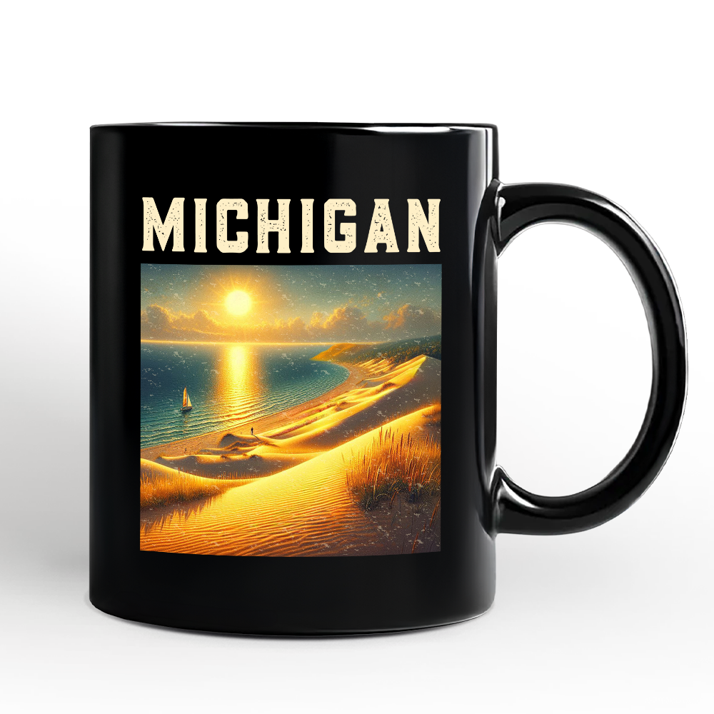 Scenic Michigan State Sleeping Bear Dunes Personalized Mug, Great Lakes Sunset Gift and Coastal Souvenir with Custom Name