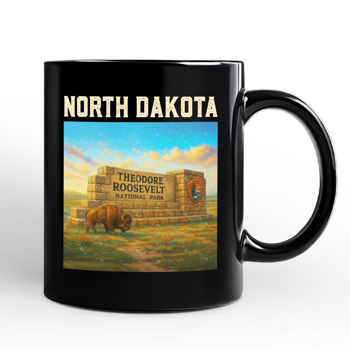 Scenic North Dakota State Theodore Roosevelt Park Personalized Mug, Bison Wildlife Gift and Great Plains Souvenir with Custom Name Personalized Ceramic Mug OrnamentallyYou Black Non-Custom 