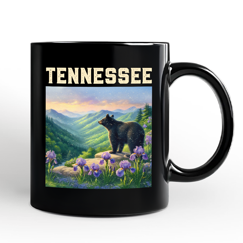 Scenic Tennessee State Great Smoky Mountains Personalized Mug, Black Bear and Wildflower Nature Gift and Travel Souvenir with Custom Name