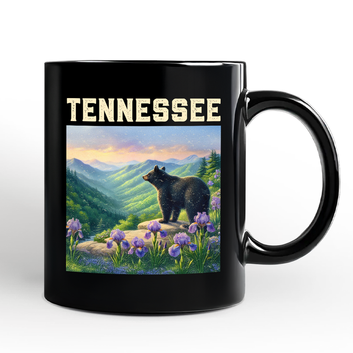 Scenic Tennessee State Great Smoky Mountains Personalized Mug, Black Bear and Wildflower Nature Gift and Travel Souvenir with Custom Name