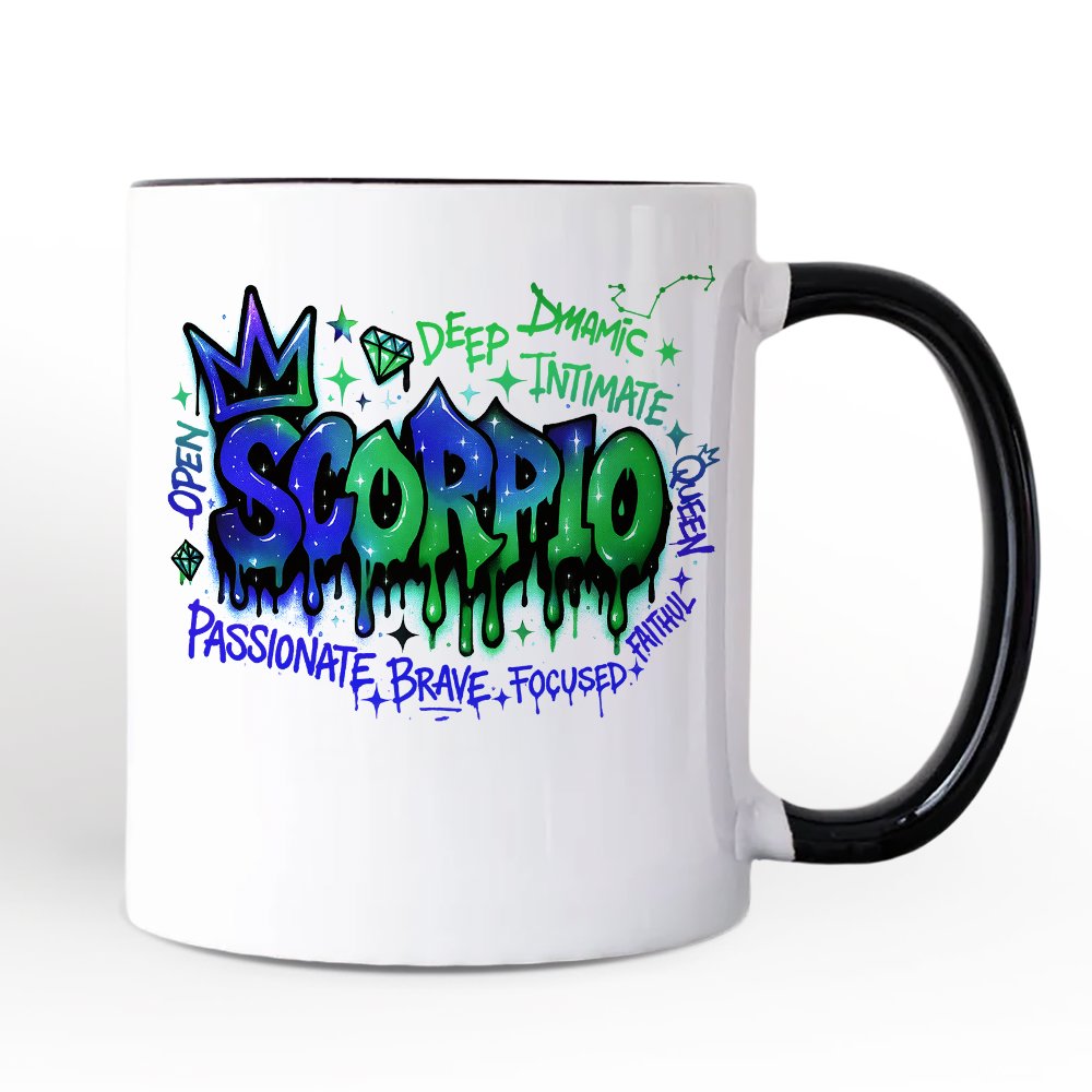 Scorpio Graffiti Zodiac Personalized Mug, Street Style Astrology Horoscope Gift with Custom Name Personalized Ceramic Mug OrnamentallyYou Black Handle Non-Custom 