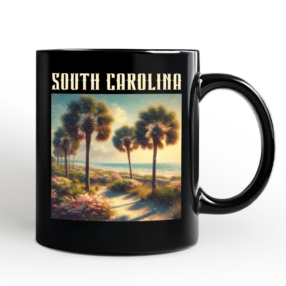 Serene South Carolina State Palmetto Beach Scene Personalized Mug, Coastal Gift and Tropical Keepsake Souvenir with Custom Name Personalized Ceramic Mug OrnamentallyYou Black Non-Custom 