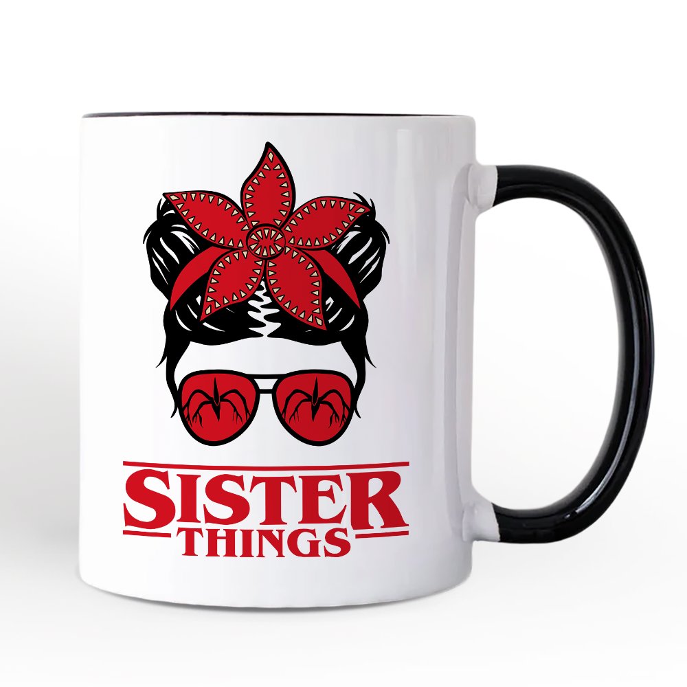 Sister Things Messy Bun Retro Personalized Mug, Red Bandana Glasses Family Matching Gift with Custom Name Personalized Ceramic Mug OrnamentallyYou Black Handle Non-Custom 