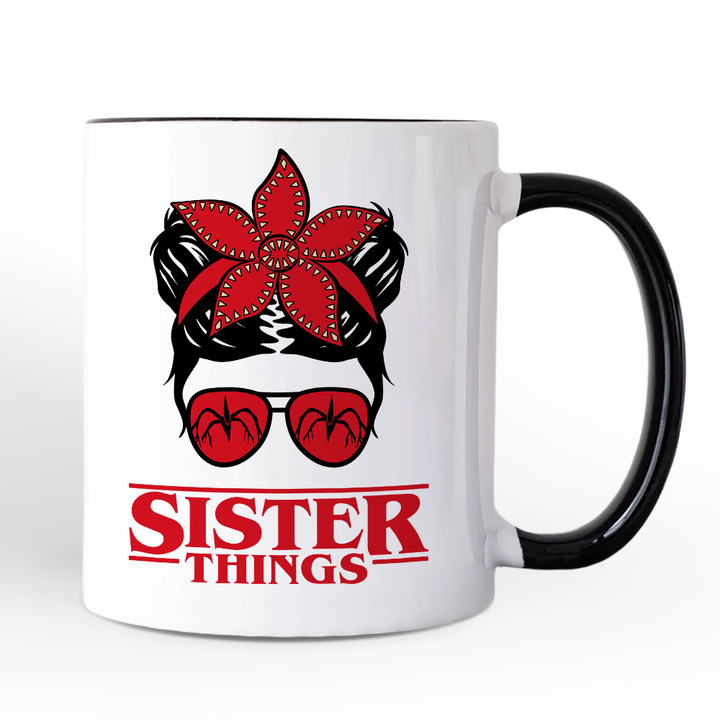 Sister Things Messy Bun Retro Personalized Mug, Red Bandana Glasses Family Matching Gift with Custom Name