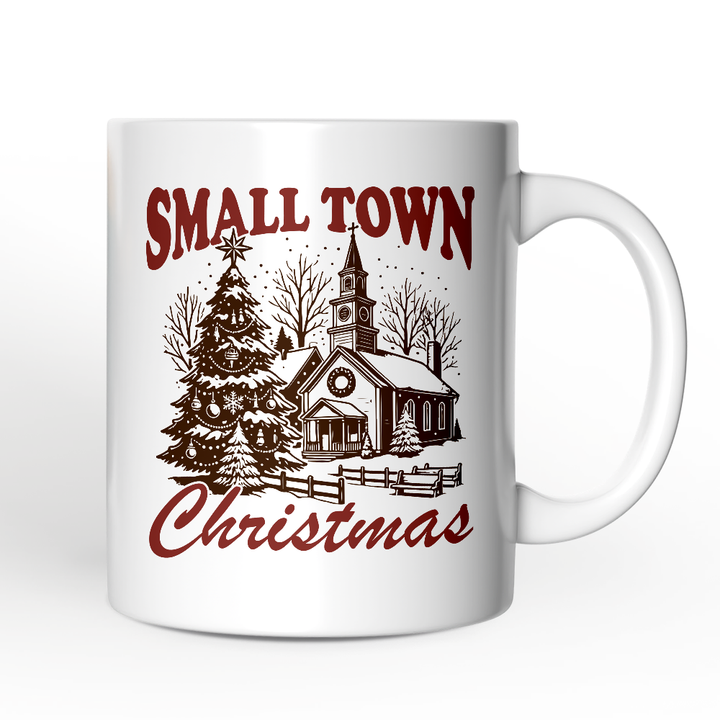 Small Town Christmas Vintage Personalized Mug, Rustic Winter Church Gift with Custom Name