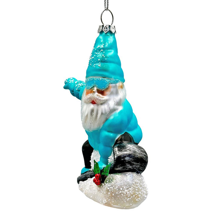 Snowboarding Gnome Glass Christmas Ornament, Winter Blue Aspen Tree Decor Glass Ornament OrnamentallyYou 