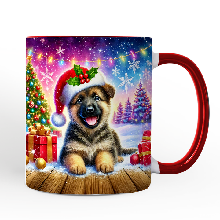 Snowy German Shepherd Puppy Personalized Mug, Heartwarming Christmas Gift with Custom Name