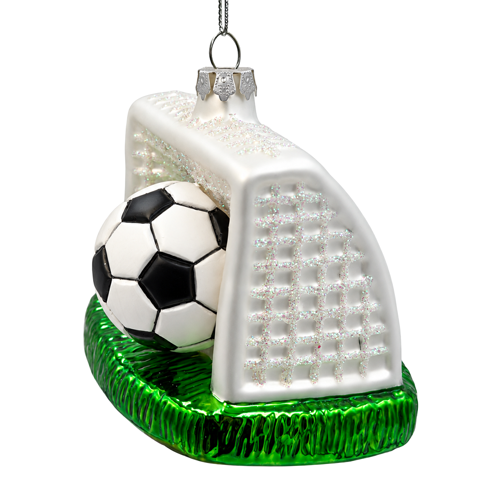 (PRE-ORDER) Soccer Ball and Goal Glass Christmas Ornament, Soccer Player Sports Holiday Tree Decor