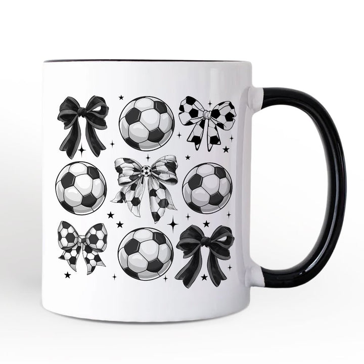 Soccer Balls Coquette Bows Personalized Mug, Sports Mom Tee Gift with Custom Name Personalized Ceramic Mug OrnamentallyYou Black Handle Non-Custom 
