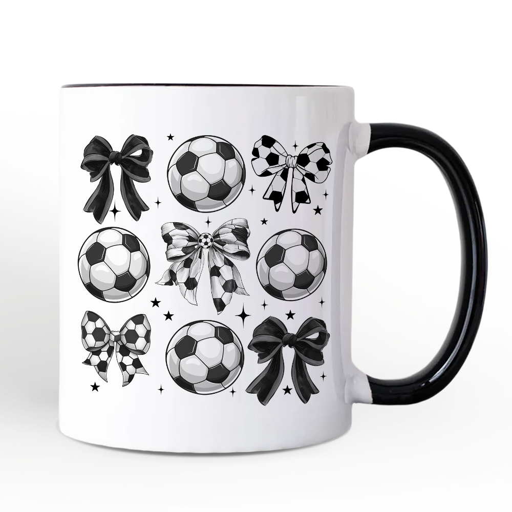 Soccer Balls Coquette Bows Personalized Mug, Sports Mom Tee Gift with Custom Name