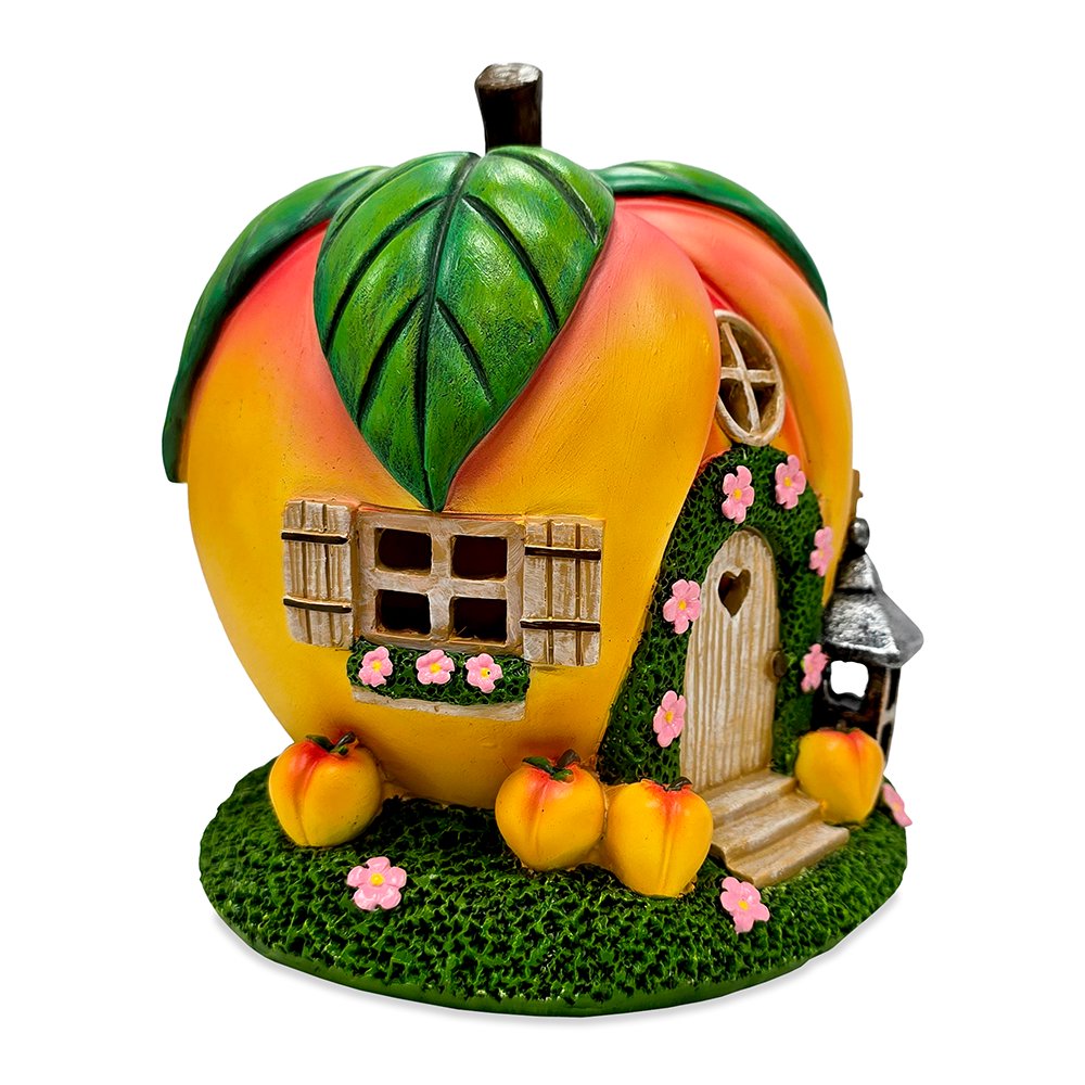 Solar Powered Peach Themed Garden Home Statue, 7" Lighted Cottage Figurine Outdoor Decor Resin Statues OrnamentallyYou 