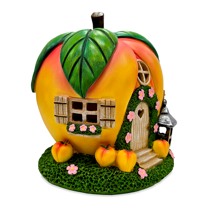 Solar Powered Peach Themed Garden Home Statue, 7" Lighted Cottage Figurine Outdoor Decor