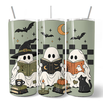Spooky Ghosts Reading Books 20oz Personalized Tumbler With Lid and Stainless Steel Straw, Bookworm Halloween Gift Cup