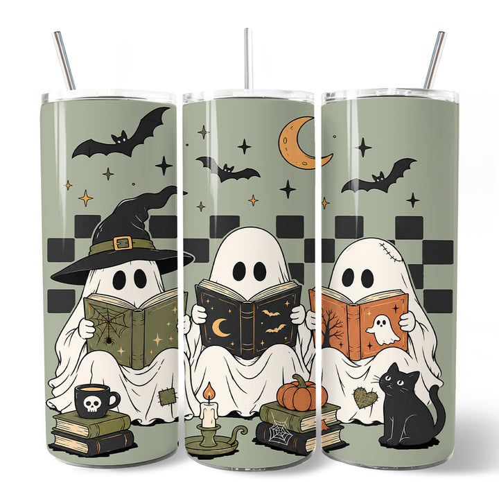 Spooky Ghosts Reading Books 20oz Personalized Tumbler With Lid and Stainless Steel Straw, Bookworm Halloween Gift Cup