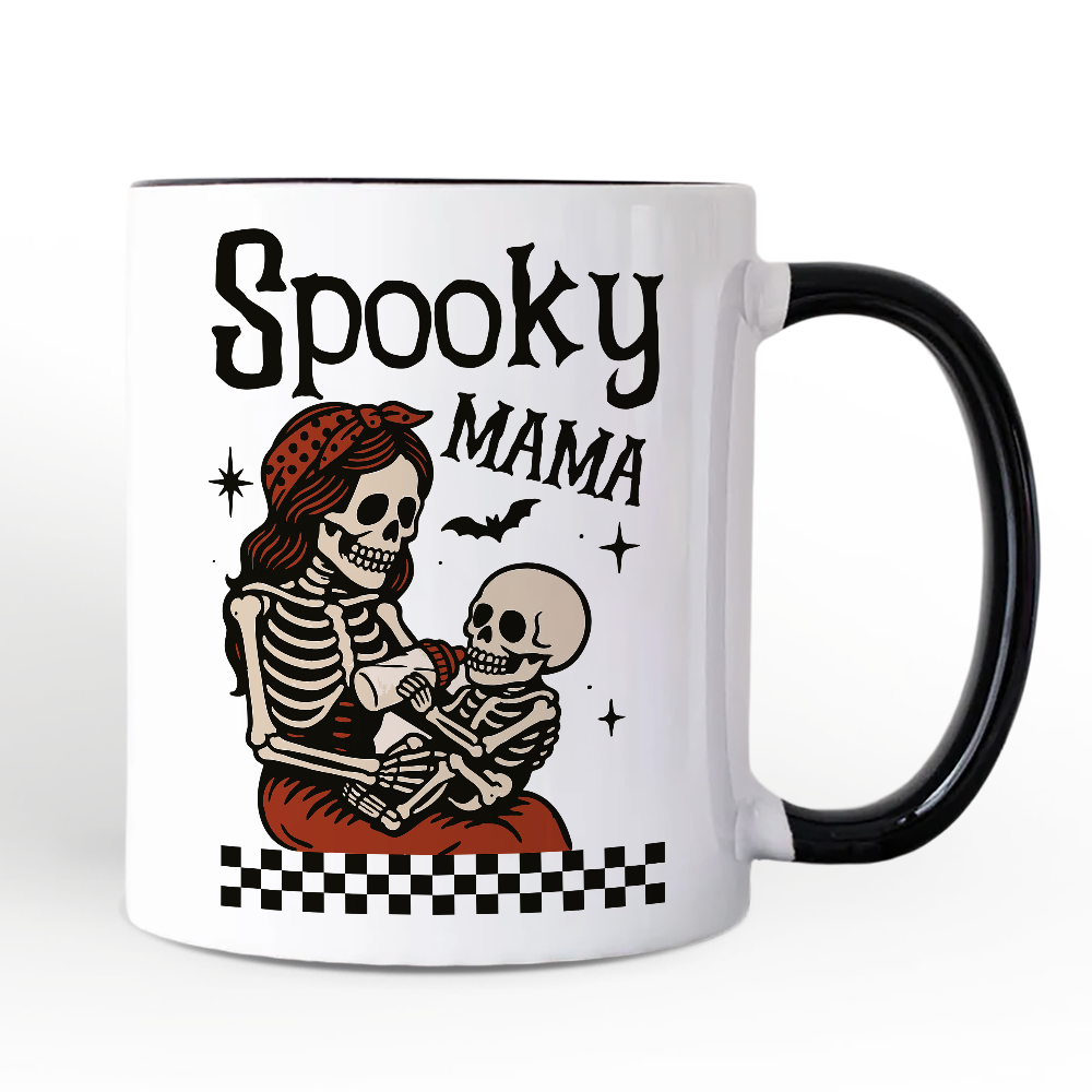 Spooky Mama Skeleton Halloween Personalized Mug, Momster Retro Checkered Gift with Custom Name
